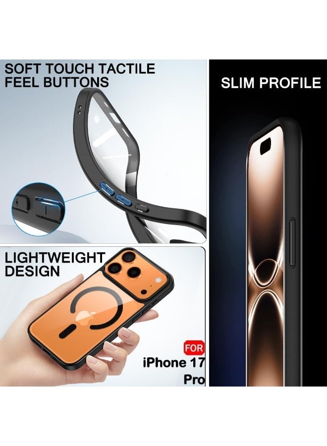 جراب مغناطيسي لهاتف آيفون 17 برو متوافق مع MagSafe، غطاء حماية مقاوم للصدمات، إطار TPU غير لامع بلون موحد، ظهر شفاف مقاوم للخدش (أسود) - Image 4